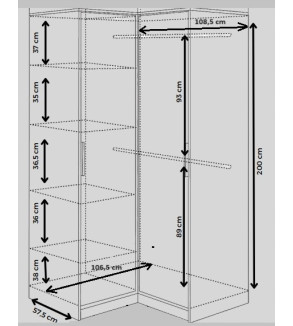 Gaba BA Corner Wardrobe Full White 2 Hanging Rail - Shelves Space Saver