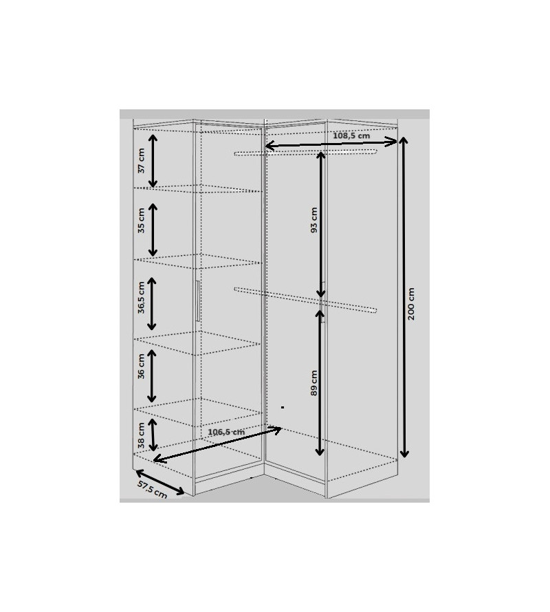 Gaba BA Corner Wardrobe Full White 2 Hanging Rail - Shelves Space Saver