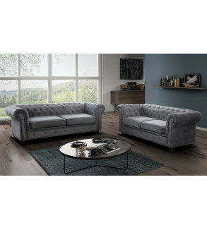 Gaba Chesterfield Sofa Set 3 + 2 Dark Grey Plush Velvet