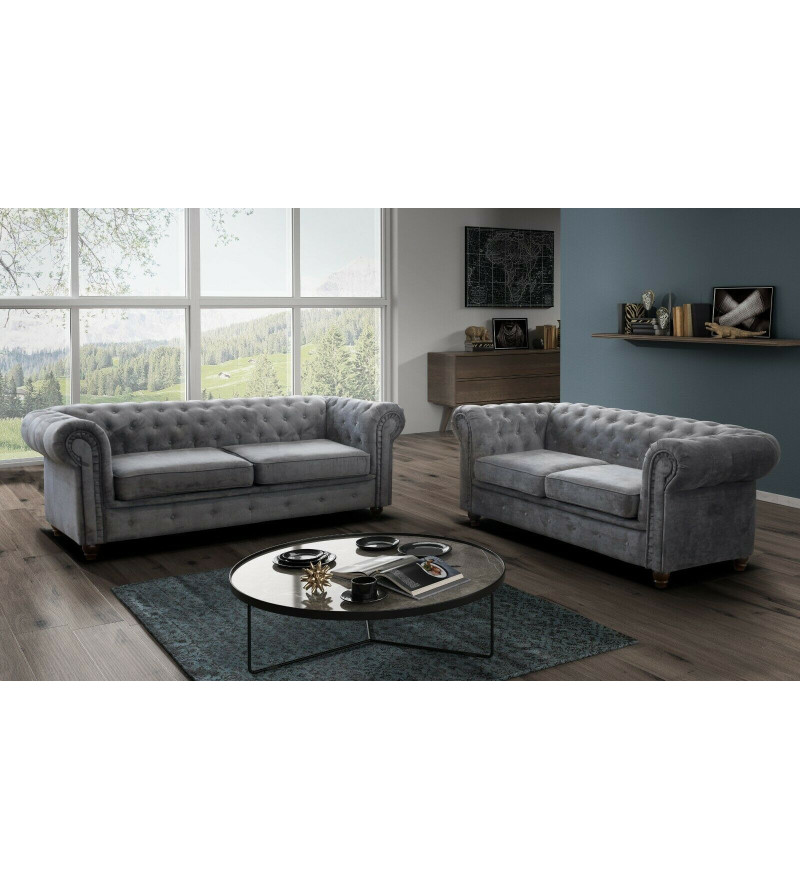 Gaba Chesterfield Sofa Set 3 + 2 Dark Grey Plush Velvet