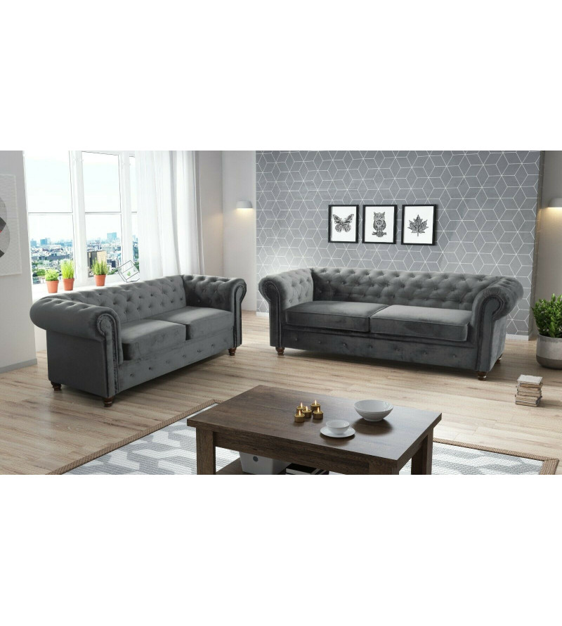 Gaba Chesterfield Sofa Set 3 + 2 Dark Grey Plush Velvet