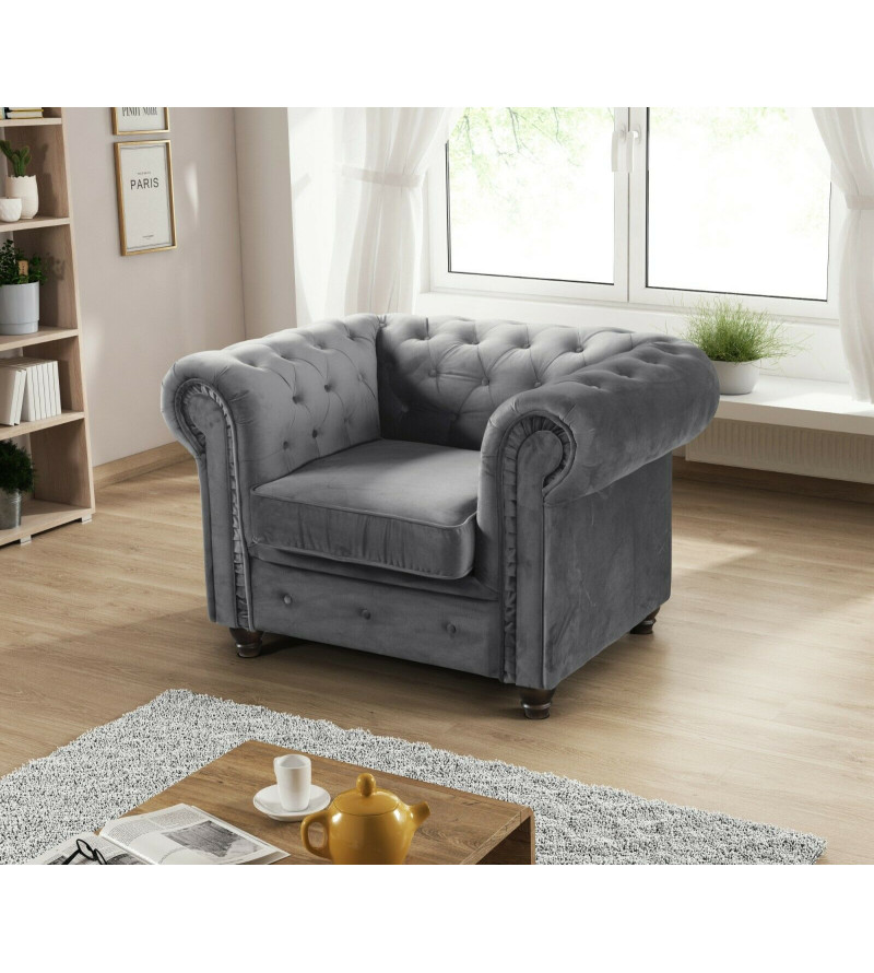 Gaba Chesterfield Sofa Set 3 + 2 Dark Grey Plush Velvet