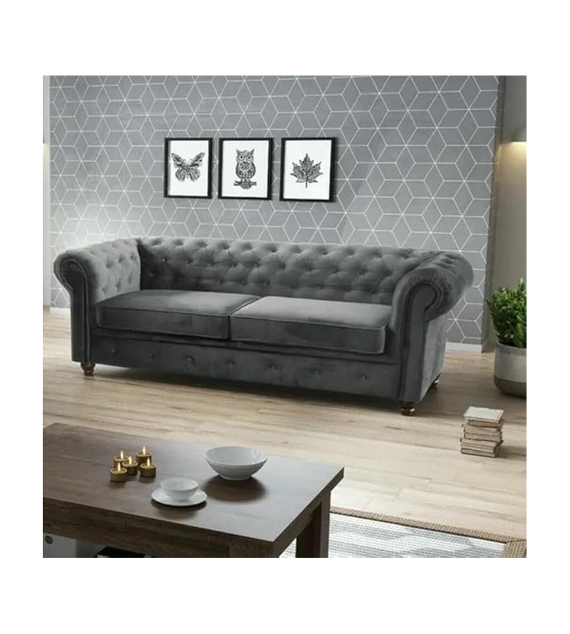 Gaba Chesterfield Sofa Set 3 + 2 Dark Grey Plush Velvet