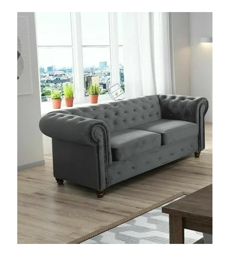 Gaba Chesterfield Sofa Set 3 + 2 Dark Grey Plush Velvet