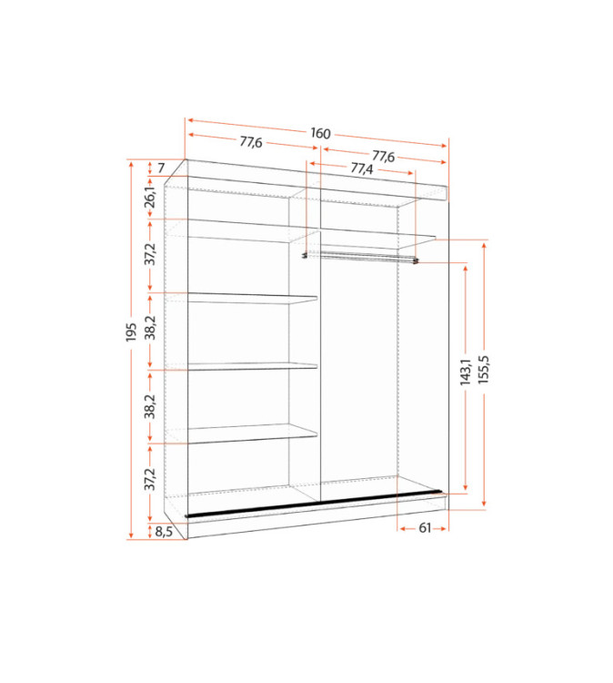 Gaba BO O4 160 cm Sliding Door Wardrobe