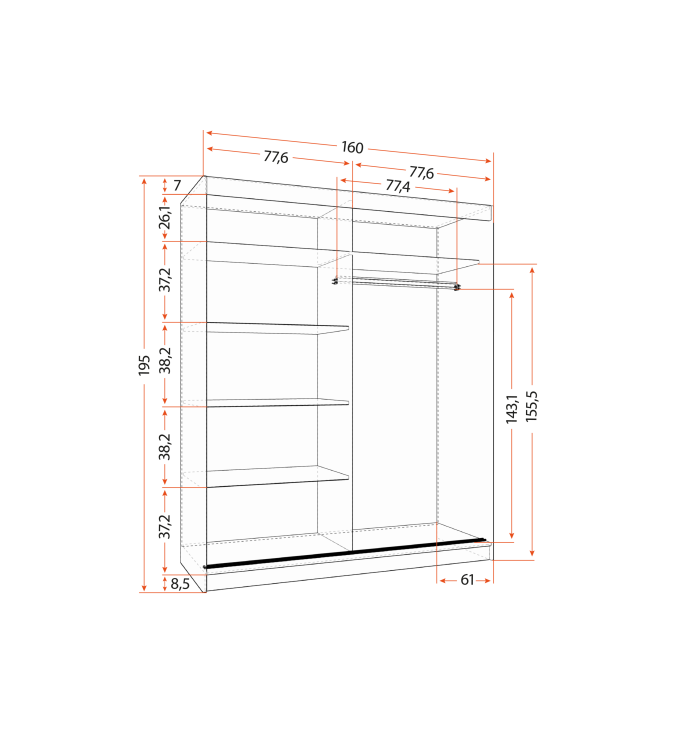 Gaba BO O6 160 cm Sliding Door Wardrobe