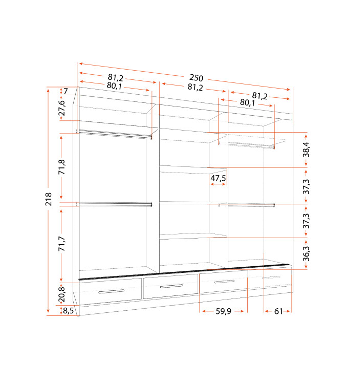 Gaba FLO 250 cm Sliding Door Wardrobe with Mirror